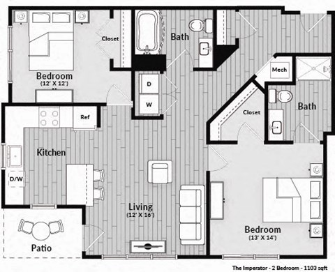 Floor plan for 2 beds, 2 baths, 1103 sqft